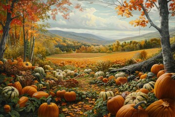 A painting depicting a fall scene with pumpkins scattered throughout a meadow, A peaceful meadow dotted with vibrant pumpkins and gourds