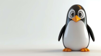 3D rendering of an adorable penguin looking at the camera with big eyes. The penguin has black and white feathers, a yellow beak, and orange feet.