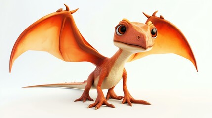 Cute and friendly cartoon dragon. The dragon is orange and has big eyes. It is smiling and looks happy. It has wings and is standing on its hind legs.