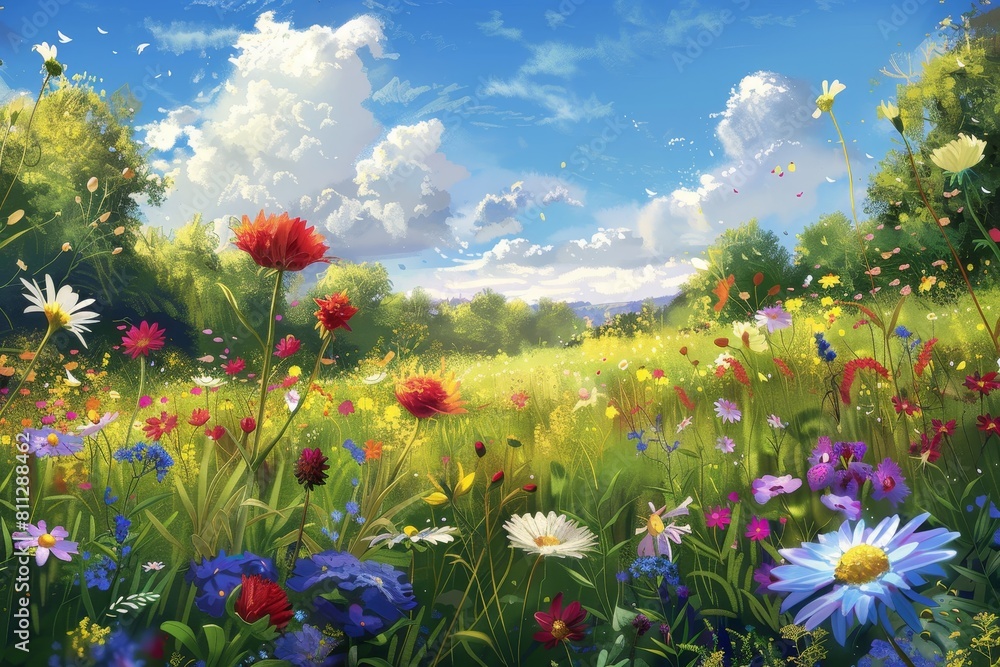 Canvas Prints A colorful meadow blooming with various wildflowers under the suns light, A peaceful meadow filled with wildflowers and the sound of buzzing bees