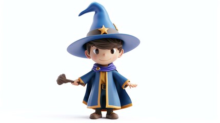 Little wizard boy 3D render. The boy is wearing a blue robe and a blue hat with a star on it. He has a wand in his hand.