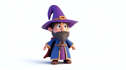Cute wizard character in purple hat and blue robe. 3D rendering.