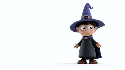 Little wizard boy 3D render. The wizard is wearing a blue hat and a black robe. He has a friendly smile on his face.