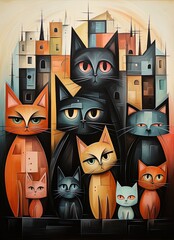 Cubist style drawing of a large band of stray cats with buildings in the background