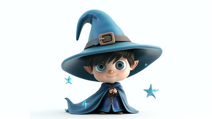 Little wizard boy with blue hat and cape. He has a magic wand in his hand and is surrounded by stars. The background is white.
