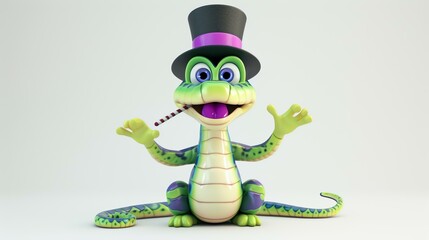 3D rendering of a cute cartoon chameleon wearing a top hat and holding a candy cane in its mouth.