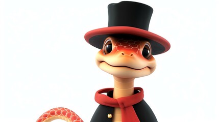 3D rendering of a cute cartoon snake wearing a top hat and a red scarf. The snake has a friendly expression on its face and is looking at the viewer.