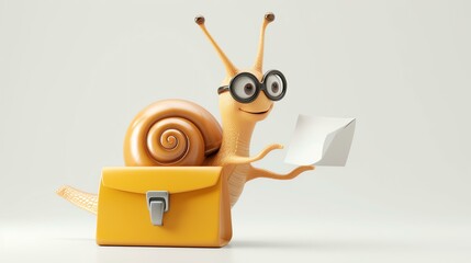 A 3D illustration of a snail wearing glasses and carrying a briefcase. The snail is smiling and holding a letter in its hand.