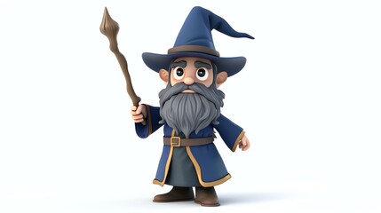 3D rendering of a cartoon wizard. He is wearing a blue robe and a pointy hat. He has a long white beard and is holding a magic wand.