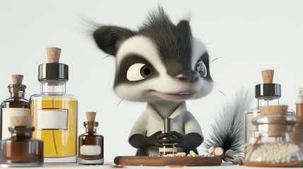 A cute and curious raccoon wearing a lab coat is working in a laboratory. He is surrounded by beakers, test tubes, and other scientific equipment.