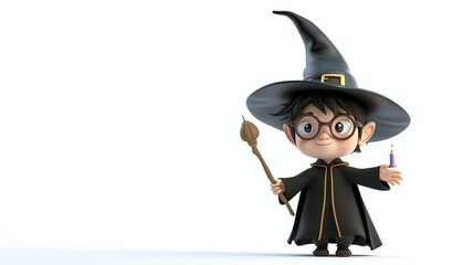 Little wizard boy with a magic wand and a candle in his hands.