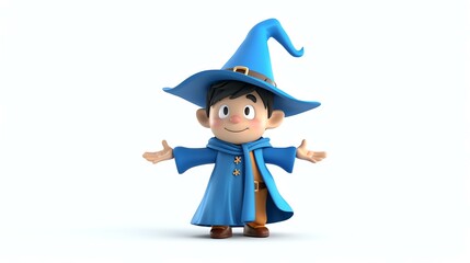 Little wizard boy with blue hat and coat standing with opened arms. 3D rendering.