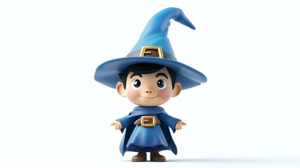 Little wizard boy 3D render. The wizard is wearing a blue robe and a blue hat. He has a friendly smile on his face.