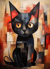 Cubist style drawing of a black cat