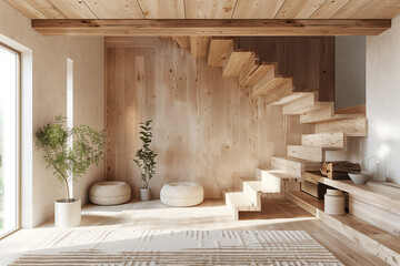 Wooden staircase in scandinavian rustic style interior design of modern entrance hall. Created with generative AI