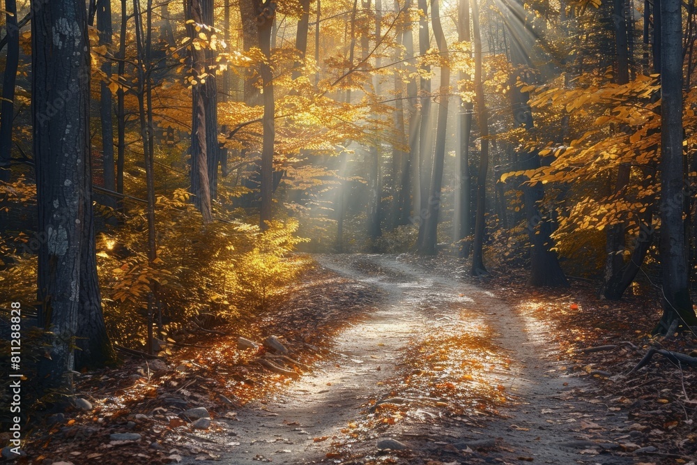 Aufkleber a trail winds through a forest as sunlight filters through the trees, creating dappled patterns on t