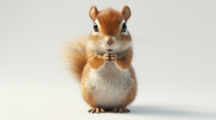 A cute squirrel is standing on its hind legs and looking at the camera with a curious expression.