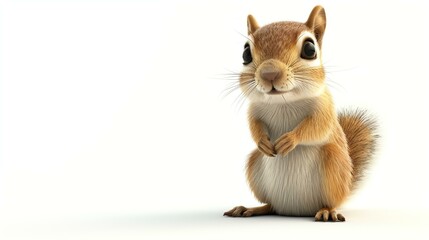 A cute squirrel is standing on a white background. The squirrel is looking at the camera with its big, round eyes.