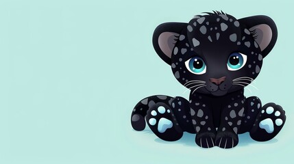 A cute cartoon black panther cub with big blue eyes is sitting on a white background.