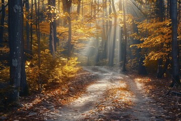 Obraz premium A trail winds through a forest as sunlight filters through the trees, creating dappled patterns on the ground, A peaceful path through a sun-dappled forest in peak fall colors