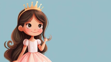 Little princess with a golden crown. Pink dress with polka dots. Long brown hair. Blue background.