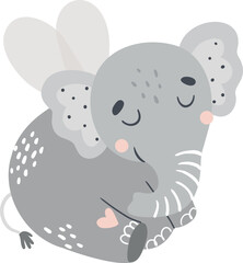 A colorful vector illustration of a cute fairy baby elephant done in an adorable childish style, perfect for children's books or themed decorations