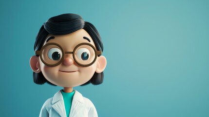3D rendering of a cute cartoon female doctor wearing glasses and a lab coat, looking happy and friendly, with a blank space on the right for text.