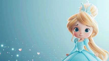 Little princess with crown on her head. She is wearing a blue dress and has long blond hair. She has big blue eyes and a cute smile on her face.