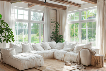 White corner sofa in room with big panoramic windows and ceiling with beams. Farmhouse country boho interior design of modern living room home. - Powered by Adobe