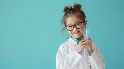 Little girl dressed as a scientist wearing a lab coat and glasses holds a test tube and smiles at the camera.