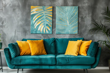 Teal sofa with vibrant yellow pillows against grey stucco or concrete wall with art poster. Mid century interior design of modern living room home.