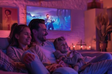 Family group seated on couch watching television together in living room setting, A peaceful scene of a family relaxing on the couch, mesmerized by the movie on screen