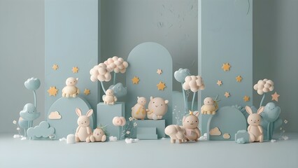 Soft cyan pastel colors with off cyan wall as a background with cute 3D animals for baby products photography background