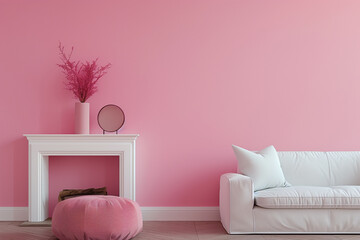 Sofa and pouf against pink wall with fireplace. Minimalist interior design of modern living room home.