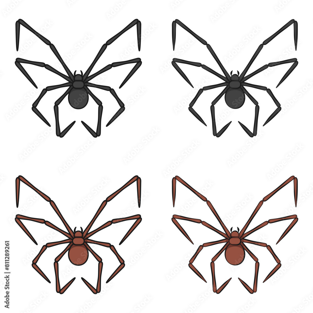 Poster set of color illustrations with butterfly shaped spider. isolated vector objects on white background