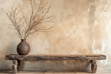 Rustic wooden bench and clay vase with branch near beige grunge stucco wall with copy space. Japandi wabi-sabi home interior design of modern living room.