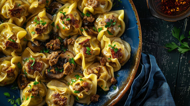 Authentic mongolian buuz, steamed dumplings filled with savory meat, garnished with fresh herbs on a decorative plate with spicy sauce