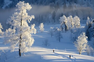 A person skiing down a snow covered slope in a winter scene, A peaceful scene of skiers gliding through a winter wonderland