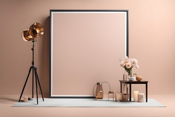 Minimalistic frame on the wall as a sophisticated background for background with beige colored wall for baby's product photography background