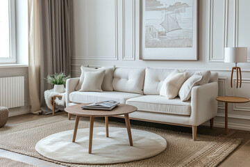 Round coffee table on beige rug near cozy sofa in room with classic paneling and poster....