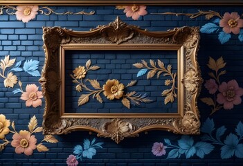 Ornate golden frame with floral carvings, displayed prominently on a textured brick wall