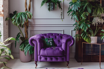 Purple tufted snuggle chair. Boho home interior design of modern living room.