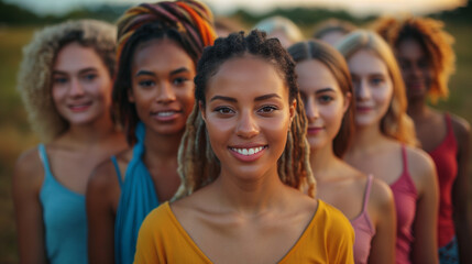 Fototapeta premium A vibrant image of diverse young people from around the world gathered together, holding hands and standing in unity to celebrate International Youth Day.