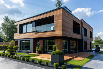 Fototapeta na wymiar Modern luxury minimalist cubic house villa with glass walls and landscaping design front yard. Residential architecture exterior.