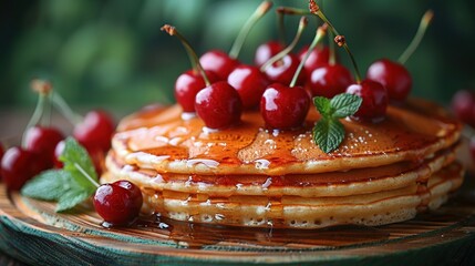   Pancakes with cherry toppings and syrup drizzle - Powered by Adobe