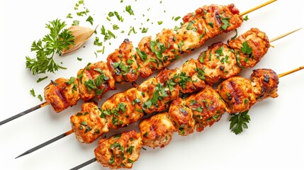 Grilled chicken kebabs with mixed vegetables on white background.