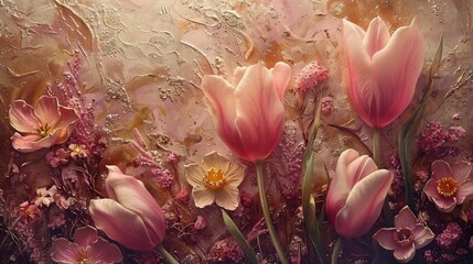 background with pink flowers, close-up pink tulips and daffodils, light bronze and violet, light...