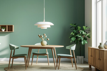 Mint color chairs at round wooden dining table in room with sofa and cabinet near green wall. Scandinavian mid-century home interior design of modern living room.