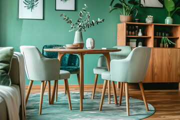 Mint color chairs at round wooden dining table in room with sofa and cabinet near green wall. Scandinavian mid-century home interior design of modern living room.