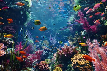 A vibrant display of numerous colorful fish swimming in a large aquarium, A peaceful underwater scene teeming with marine life